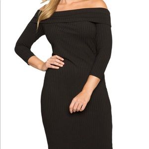 Black Ribbed 3/4 Sleeve Off the Shoulder Dress